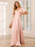 Women's V Neck Ruffle Sleeves Bridesmaid Dresses with Slit 2025 Satin A-Line Formal Evening Gowns
