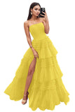 Strapless Tiered Tulle Prom Dresses for Women 2027 Long Sparkly A-Line Formal Evening Party Ball Gowns with Slit