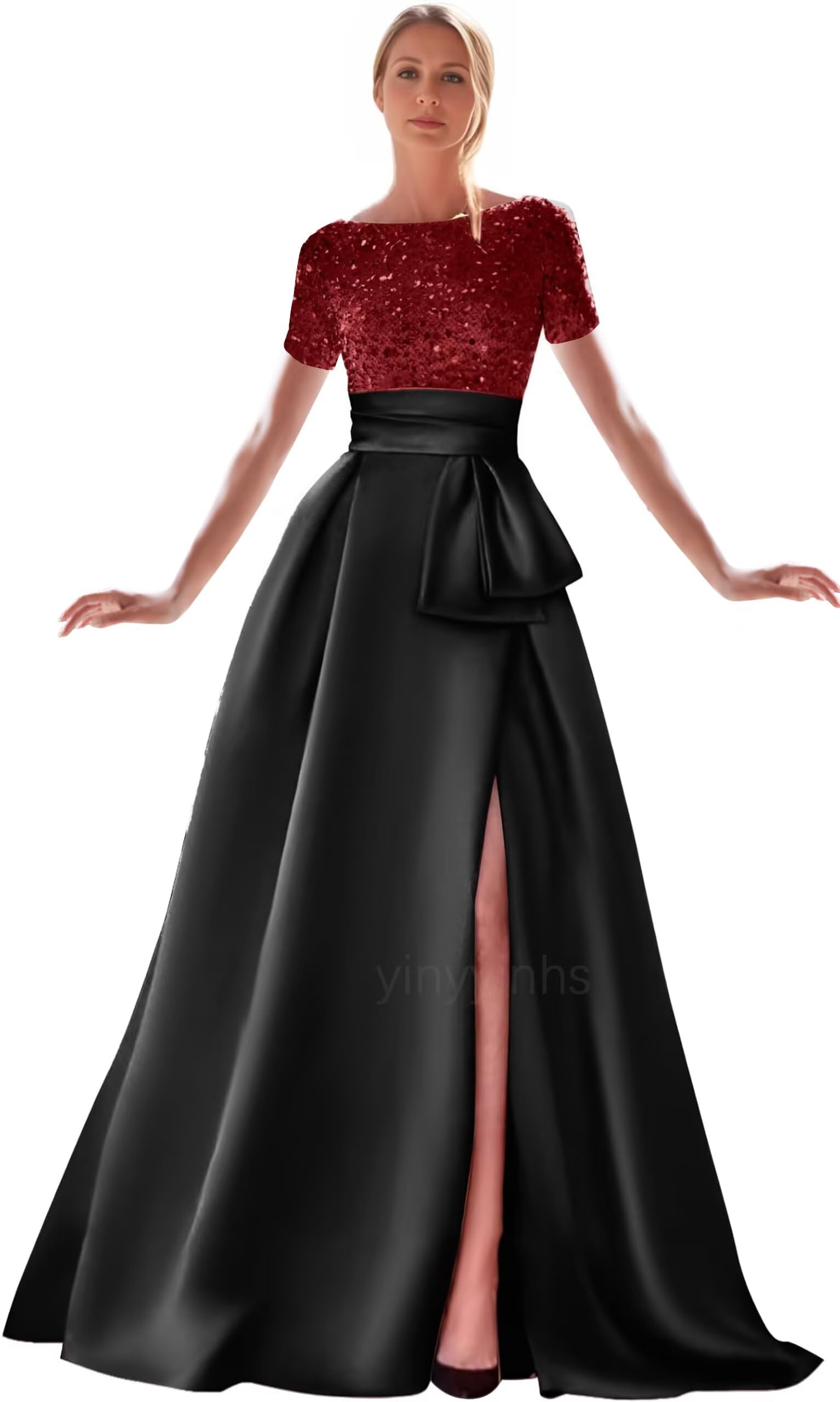 Kingbridal Gowns Short Sleeve Sequin Prom Dresses for Women 2026 Satin A-Line Sparkly Formal Evening Party Ball Gowns with Slit