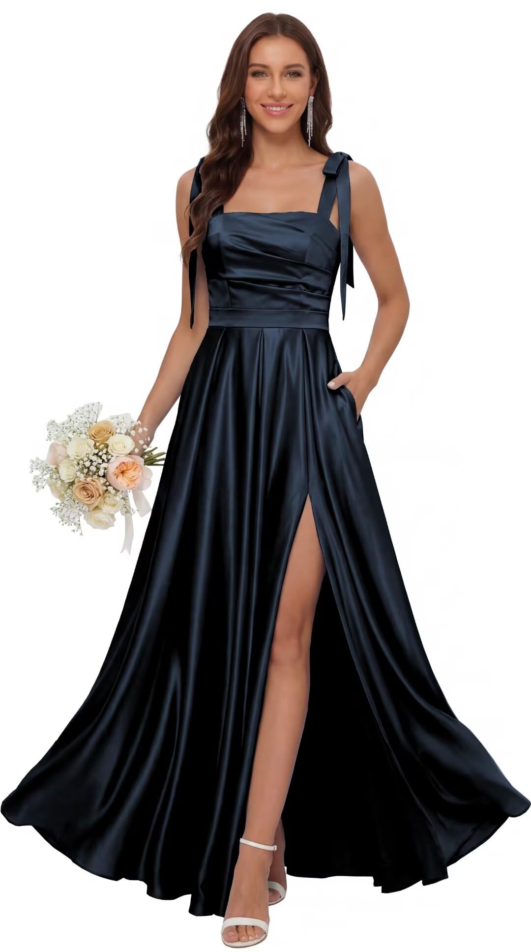 Satin Bridesmaid Dresses with Slit Spaghetti Straps Square Neck Long Formal Evening Dress