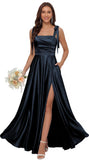Satin Bridesmaid Dresses with Slit Spaghetti Straps Square Neck Long Formal Dress