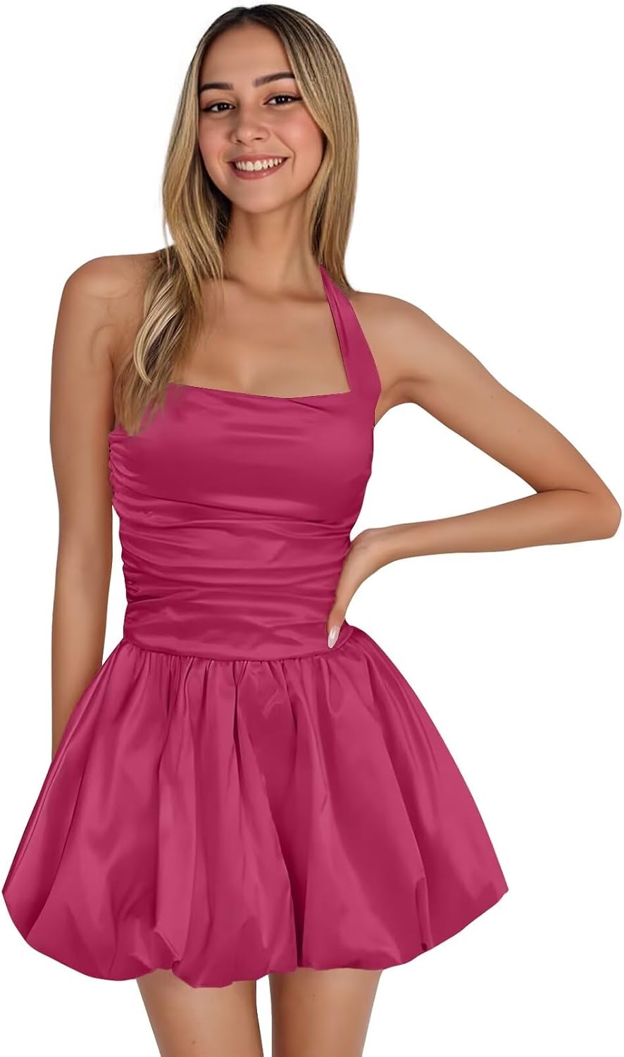 Satin Halter Homecoming Dresses for Teens Short Prom Dress 2027 Flower Bud Ruched Formal Cocktail Gown with Pockets
