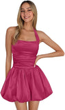 Satin Halter Homecoming Dresses for Teens Short Prom Dress 2027 Flower Bud Ruched Formal Cocktail Gown with Pockets