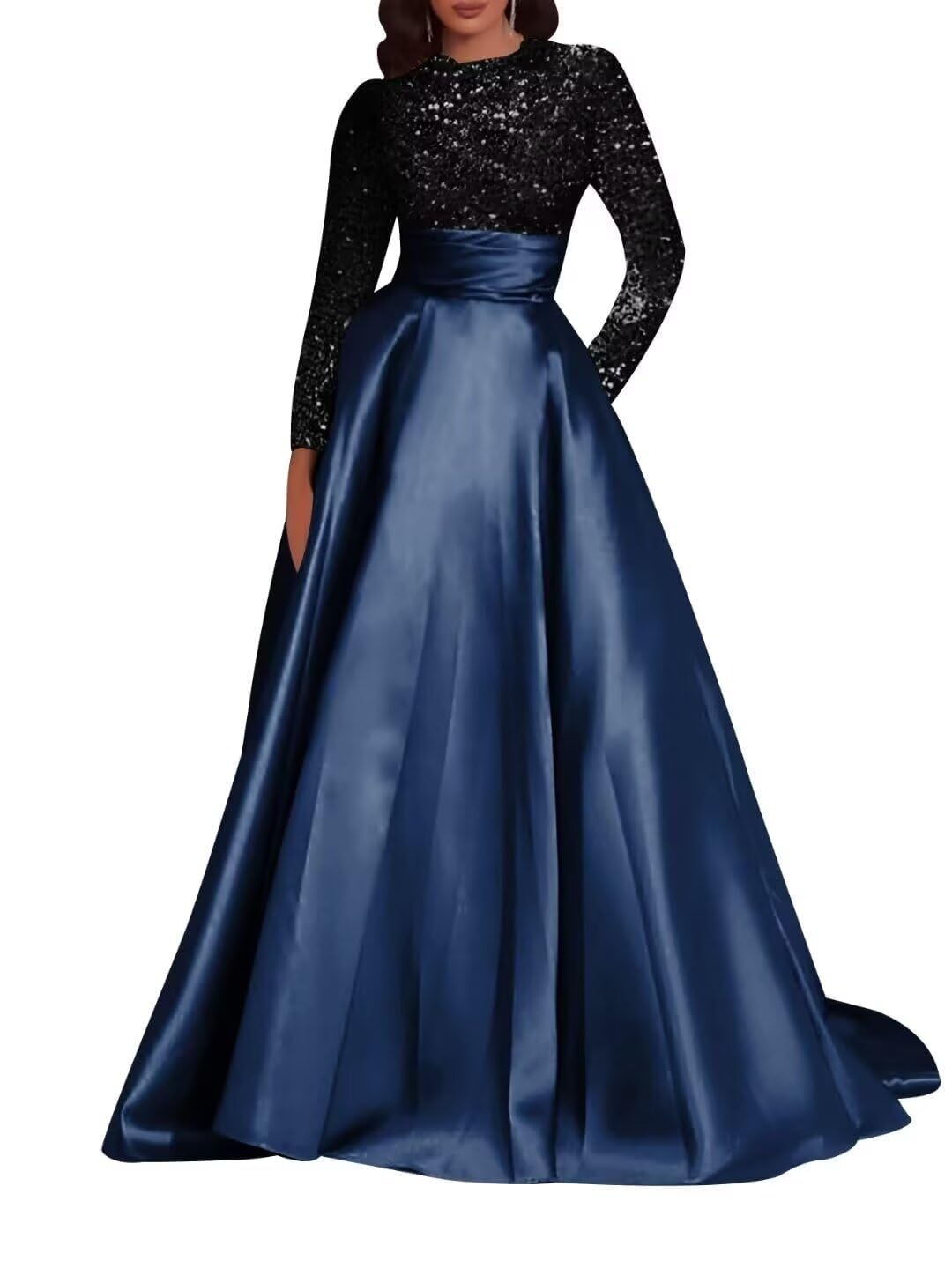 Kingbridal Gowns Long Sleeve Sequin Prom Dresses for Women Satin A-line Formal Dress 2026 Sparkly Evening Party Gowns with Pockets