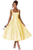 Floral Satin Jacquard Prom Dresses 2026 A-Line Tea Length Midi Square Neck Evening Party Gown with Pockets for Women