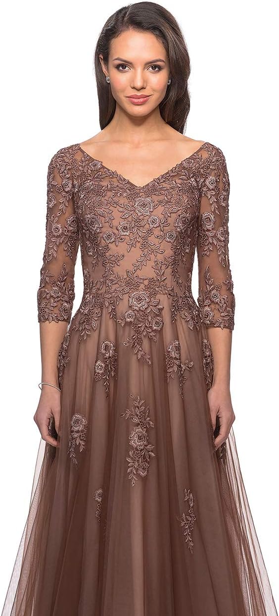 Women's Floral Lace Appliques 3/4 Sleeve Mother of The Bride Dresses Long V Neck Formal Dresses with Pockets