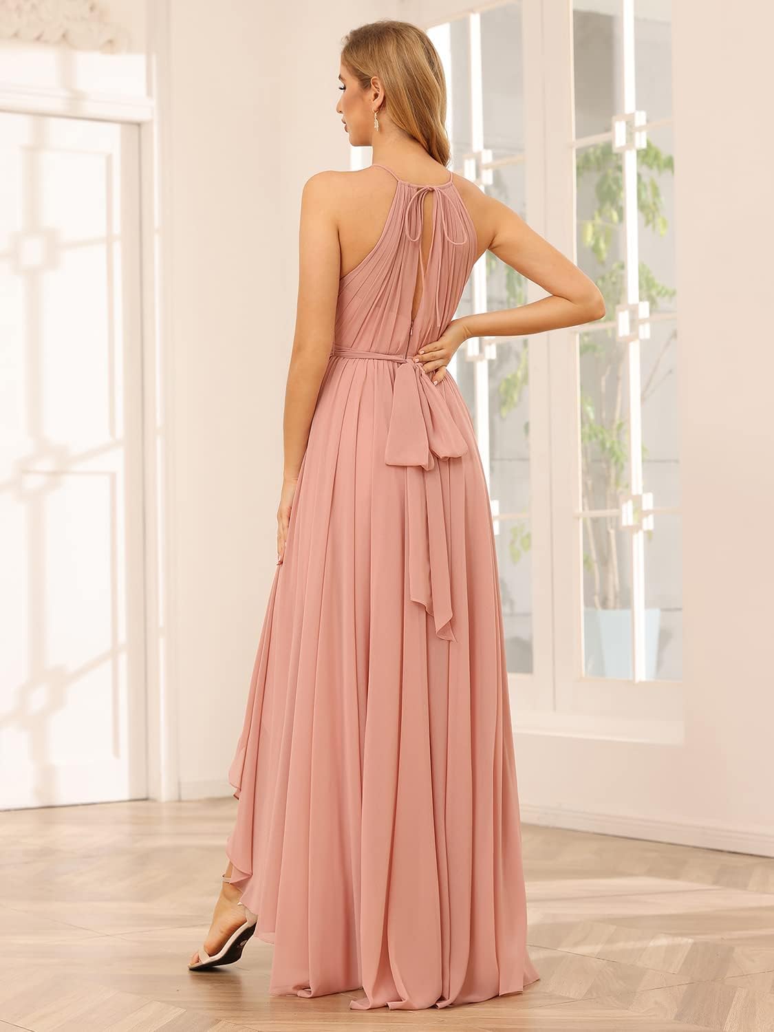 Damen Neckholder Brautjungfernkleider Lang mit Taschen High-Low Falten Formelles Kleid für Hochzeit 