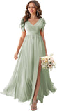 V Neck Flutter Sleeves Bridesmaid Dresses with Slit 2025 Chiffon Aline Pleats Formal Evening Gowns for Women