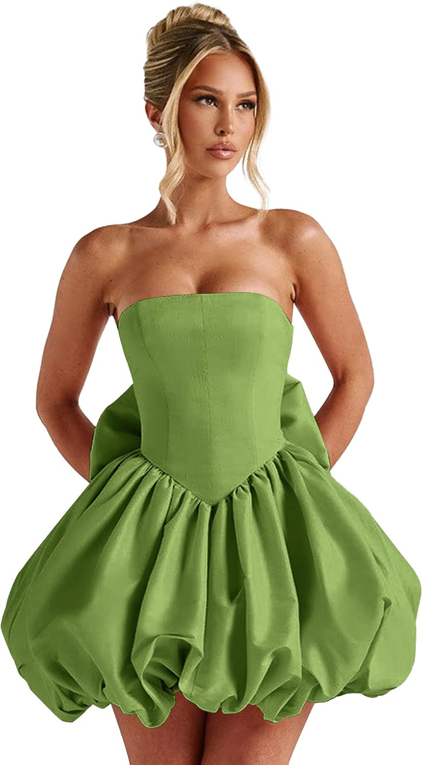 Satin Flower Bud Homecoming Dress Short Prom Dress with Bow Strapless A Line Mini Cocktail Party Gown