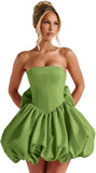 Satin Flower Bud Homecoming Dress Short Prom Dress with Bow Strapless A Line Mini Cocktail Party Gown