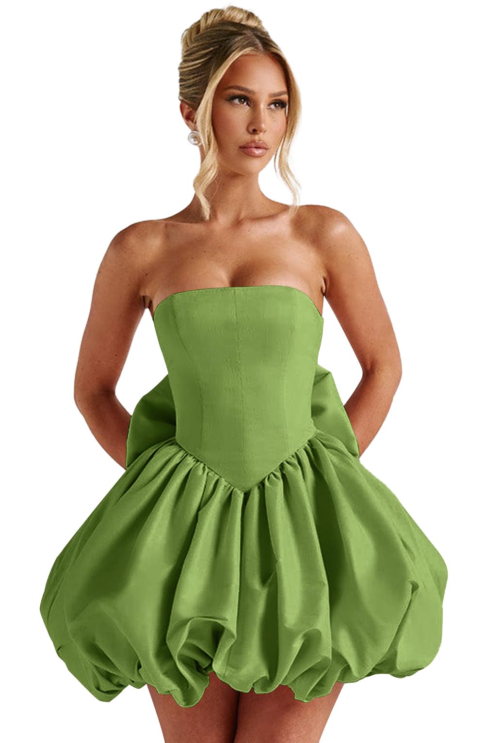Satin Flower Bud Homecoming Dress Short Prom Dress with Bow Strapless A Line Mini Cocktail Party Gown
