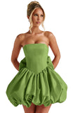 Satin Flower Bud Homecoming Dress Short Prom Dress with Bow Strapless A Line Mini Cocktail Party Gown