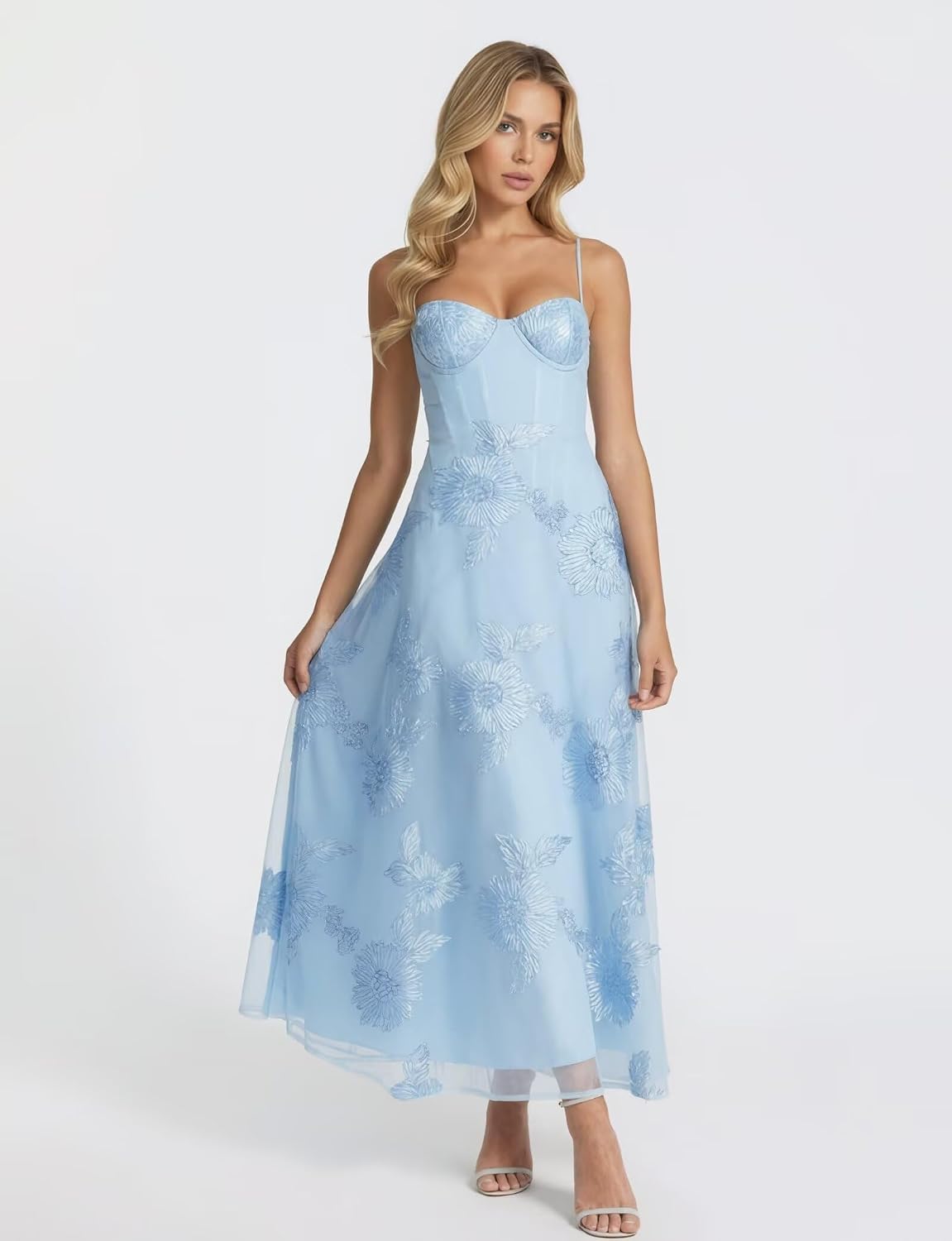 Jacquard Tulle Prom Dresses Spaghetti Straps Formal Evening Party Dress Tea Length