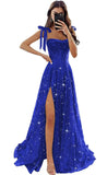 Tulle Prom Dresses with Slit Spaghetti Straps A Line Maxi Long Formal Dress
