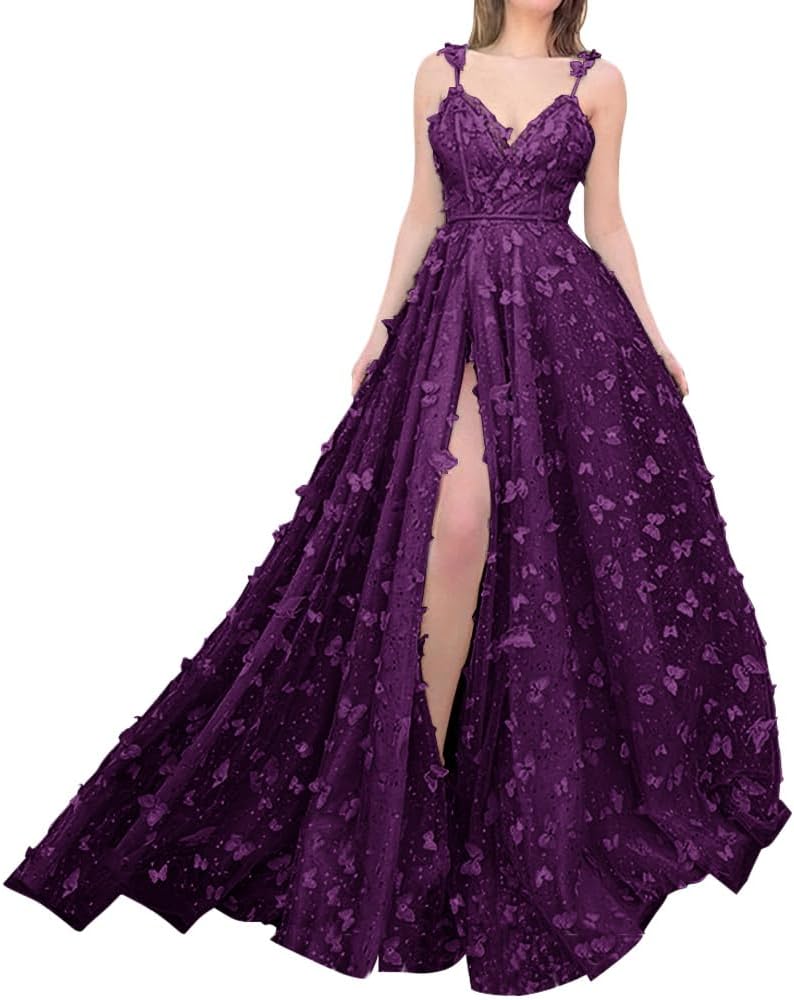 Sparkly Prom Dresses for Teens 2027 3D Butterfly Tulle Spaghetti Straps Long Slit Backless Party Gowns