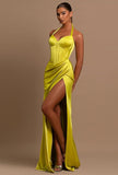 Women's Satin Halter Prom Dresses with Slit Ruched Long Corset Formal Evening Party Gown