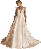 Spaghetti Straps Satin Wedding Dress for Bride 2027 A Line V Neck Bridal Gowns with Train