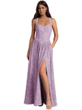 Jacquard Floral Lace Wedding Guest Dress Long Slit A Line Bridesmaid Dresses with Pockets Formal Gown