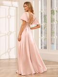 Women's V Neck Ruffle Sleeves Bridesmaid Dresses with Slit 2025 Satin A-Line Formal Evening Gowns