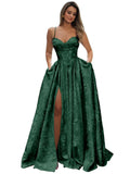 Satin Spaghetti Straps Prom Dresses for Women Jacquard Aline Backless Formal Evening Party Ball Gowns with Pockets
