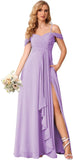 Damen Schulterfreies Brautjungfernkleid Lang mit Schlitz Chiffon Rüschen Falten Formales Partykleid 
