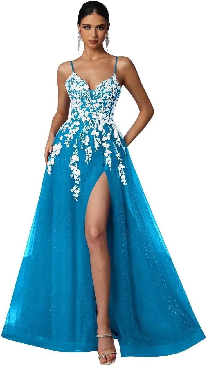 Tulle Prom Dresses 2027 Puffy Ball Gown for Women Formal V Neck Lace Appliques Evening Gown with Slit Long Homecoming Dress