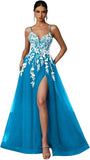 Tulle Prom Dresses 2027 Puffy Ball Gown for Women Formal V Neck Lace Appliques Evening Gown with Slit Long Homecoming Dress
