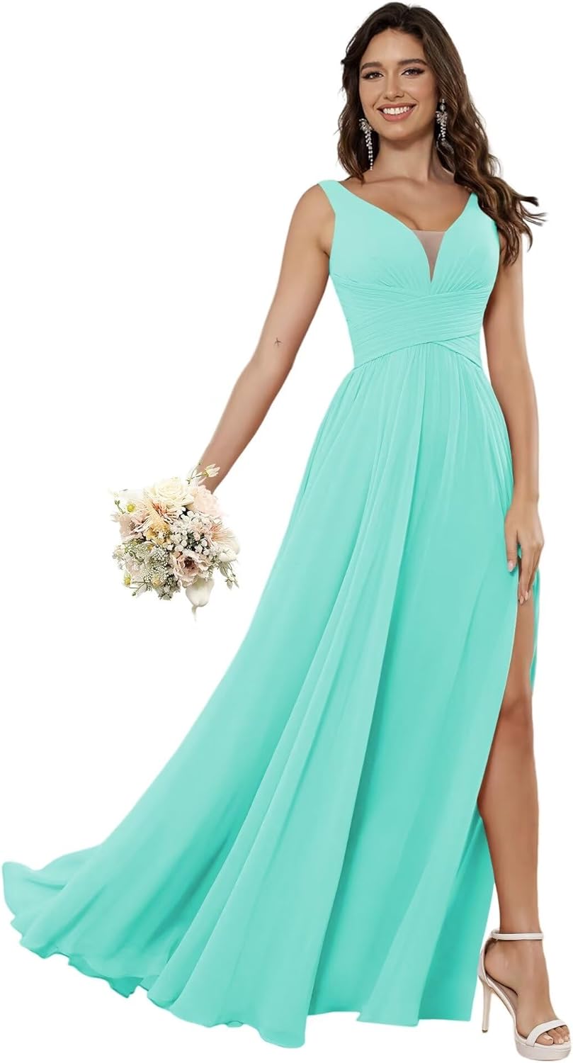 Vestidos de dama de honor sencillos de gasa para mujer con bolsillos, vestidos formales largos con escote en V y abertura 