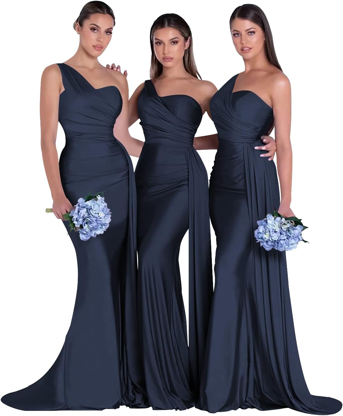 Women's One Shoulder Mermaid Bridesmaid Dresses Long Ruched Bodycon Satin Formal Prom Gowns