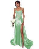 Lace Satin Prom Dresses for Women 2026 Long Mermaid Spaghetti Straps Corset Formal Evening Party Dress with Slit