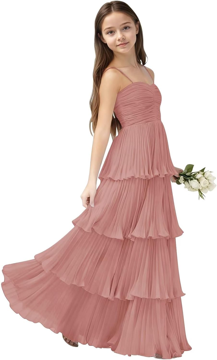 Chiffon Pleated Junior Bridesmaid Dress Princess Birthday Tiered Ruffle Prom Gown Wedding Long Flower Girl Dress