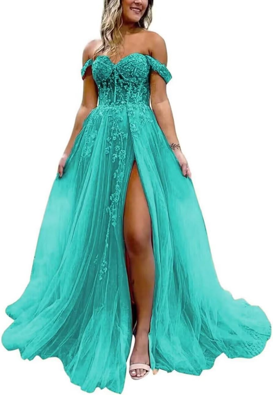 Off The Shoulder Tulle Prom Dress with Laces Applique A-line Slit Long Ball Gowns Glitter Formal Evening Dress