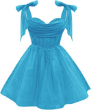 Tulle Short Homecoming Dress for Teens Sparkly Lace DAMA Dresses for Quinceanera Spaghetti Straps Bow Prom Gown