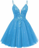 Spaghetti Straps Sequin Lace Appliques Short Homecoming Dresses for Teens Glitter Tulle Prom Party Dresses