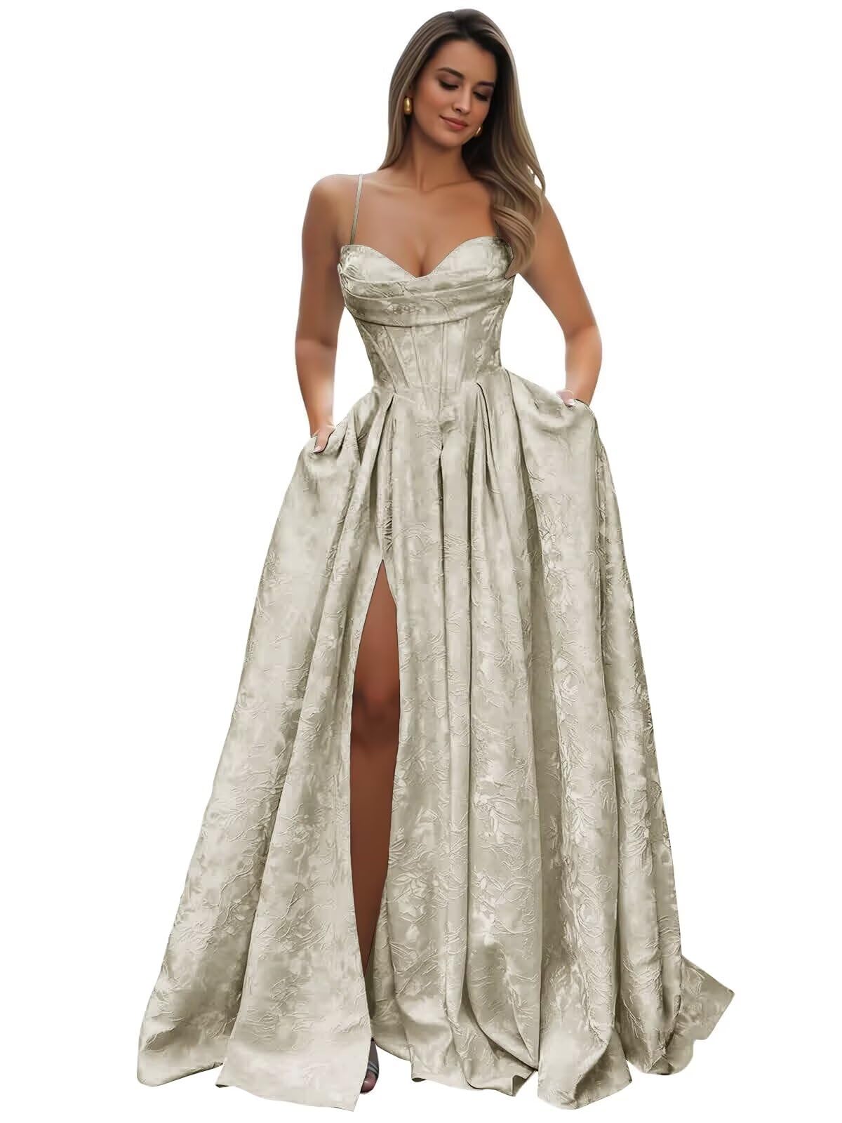 Satin Spaghetti Straps Prom Dresses for Women Jacquard Aline Backless Formal Evening Party Ball Gowns with Pockets