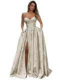Satin Spaghetti Straps Prom Dresses for Women Jacquard Aline Backless Formal Evening Party Ball Gowns with Pockets