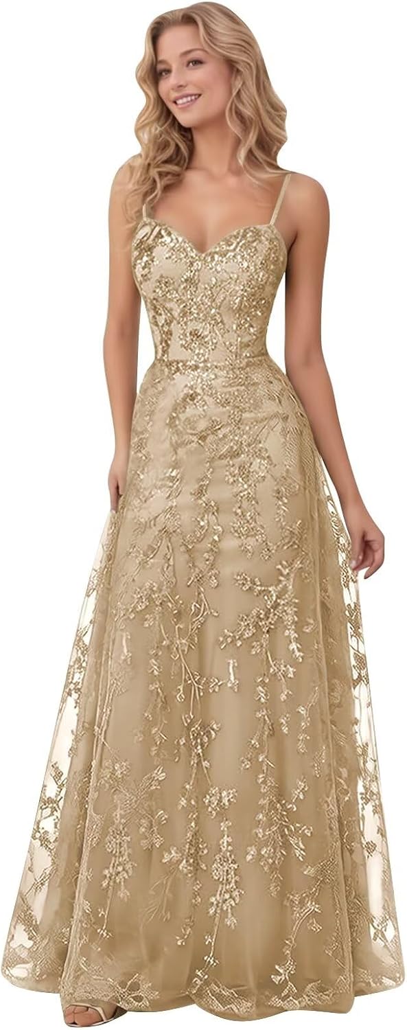Spaghetti Strap Sparkly Prom Dress for Women Long Tulle Lace Formal Dress Laces Evening Party Gown