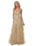 Spaghetti Strap Sparkly Prom Dress for Women Long Tulle Lace Formal Dress Laces Evening Party Gown