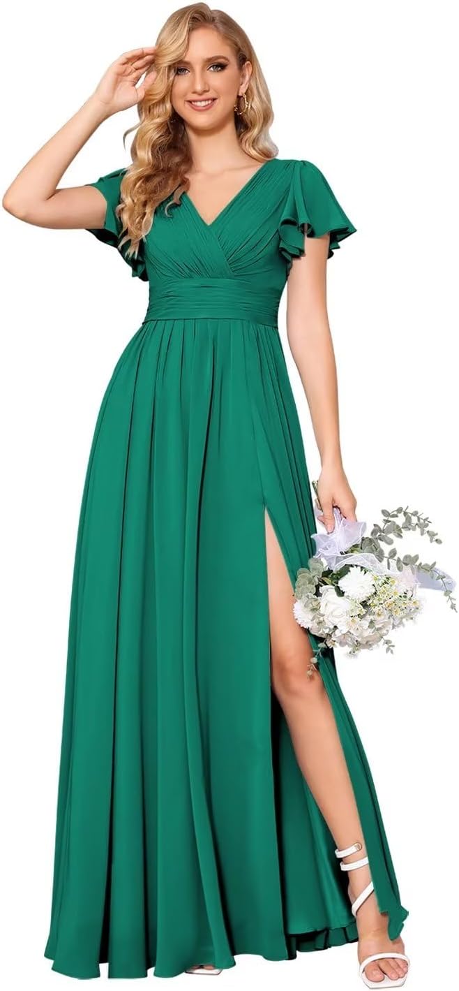 Flutter Sleeves Split Bridesmaid Dresses with Slit Long V Neck Empire Waist Formal Dress for Women Wedding