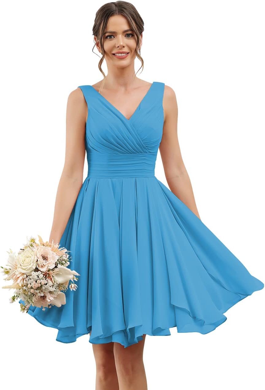 Double V Neck Short Bridesmaid Dresses for Women 2025 Chiffon A Line Formal Evening Gowns with Pockets