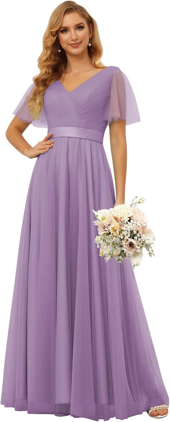 Damen Brautjungfernkleider mit Flatterärmeln, Tüll, lang, V-Ausschnitt, Empire-Taille, formelles Kleid 