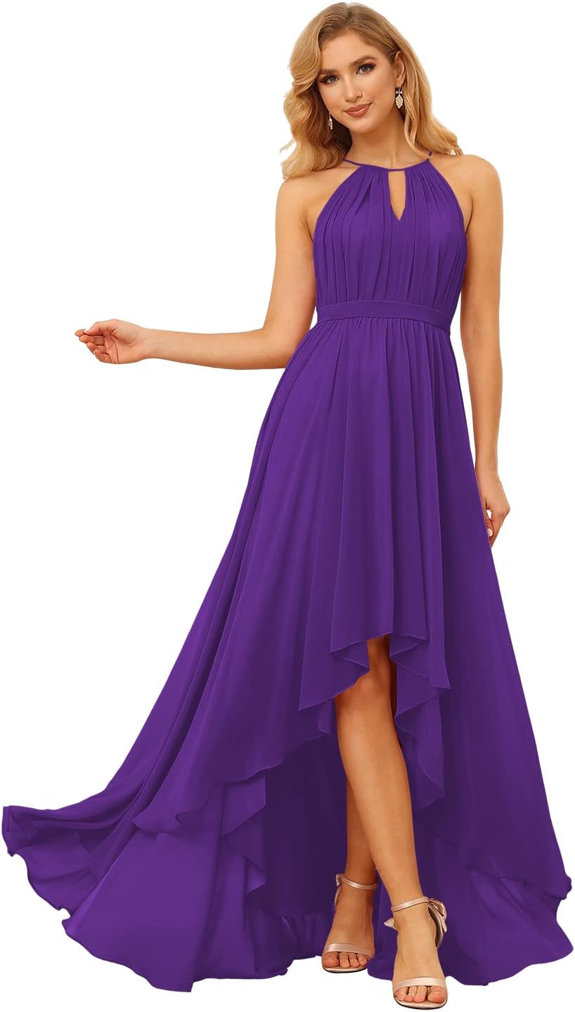 Damen Neckholder Brautjungfernkleider Lang mit Taschen High-Low Falten Formelles Kleid für Hochzeit 