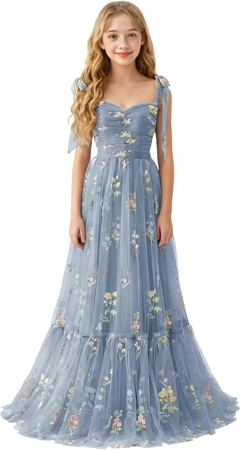 Floral Embroidered Tulle Flower Girl Dress Sweetheart Junior Bridesmaid Dresses Tiered Ruffled Formal Party Prom Gown