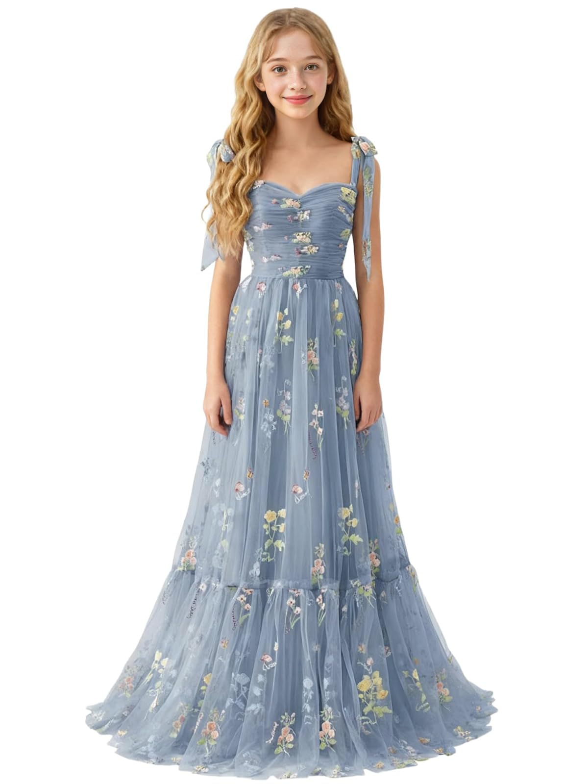 Floral Embroidered Tulle Flower Girl Dress Sweetheart Junior Bridesmaid Dresses Tiered Ruffled Formal Party Prom Gown