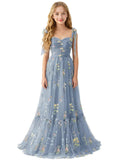 Floral Embroidered Tulle Flower Girl Dress Sweetheart Junior Bridesmaid Dresses Tiered Ruffled Formal Party Prom Gown