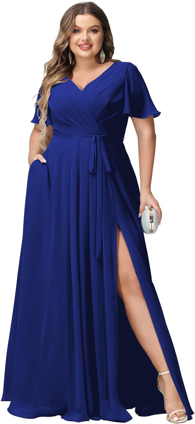 Plus Size Bridesmaid Dresses with Pockets V Neck Chiffon Flutter Sleeves Formal Evening Gowns with Slit