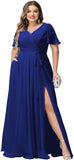 Plus Size Bridesmaid Dresses with Pockets V Neck Chiffon Flutter Sleeves Formal Evening Gowns with Slit