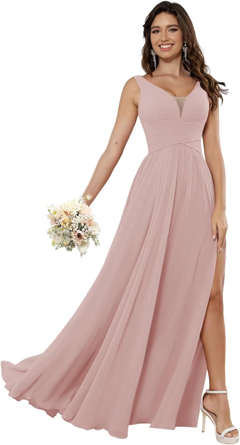 Vestidos de dama de honor sencillos de gasa para mujer con bolsillos, vestidos formales largos con escote en V y abertura 