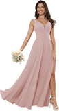 Vestidos de dama de honor sencillos de gasa para mujer con bolsillos, vestidos formales largos con escote en V y abertura 