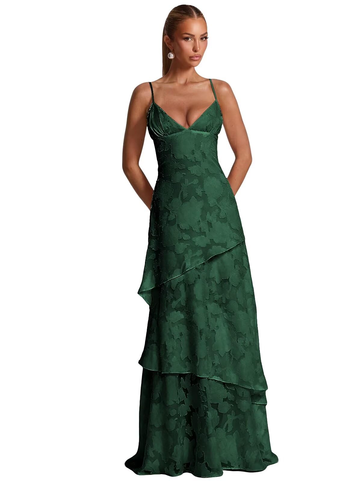 Spaghetti Strap Floral Bridesmaid Dresses for Women Tiered Ruffle A-Line Long Formal Prom Dress